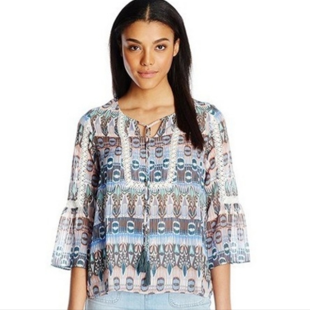 Jessica Simpson Tabitha Boho Peasant Tunic Lace Trim Tassle Tie Top Size Small